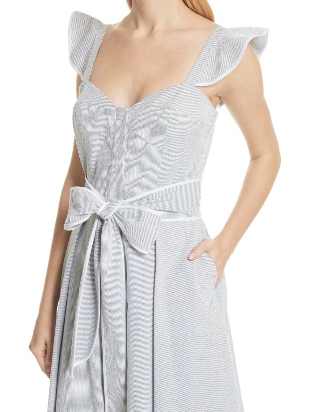 Milly Light Blue Tie-Waist Midi Dress with Ruffle Cap Sleeves